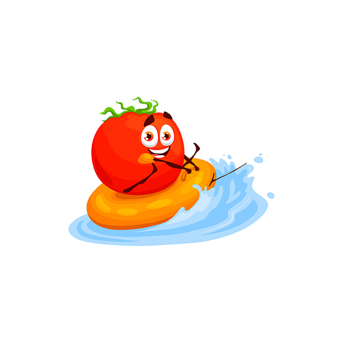 Tomato happy character swimming in water tablet isolated cartoon emoticon, kids food. Vector healthy organic eating, vegetable food for children. Funny veggie on rest, cute tomato on summer vacation