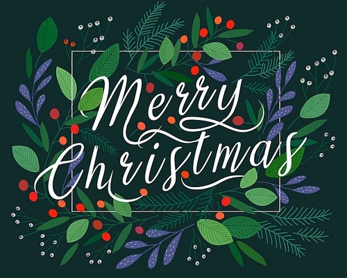 Merry Christmas and New Year greeting card with lettering wish. Frame or border with berries, poinsettia leaves, branches and cones of trees, hand drawn on black background. Floral vector illustration