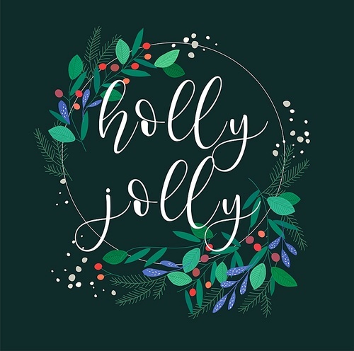 Merry Christmas and New Year greeting card with lettering wish. Frame or border with berries, poinsettia leaves, branches and cones of trees, hand drawn on black background. Floral vector illustration