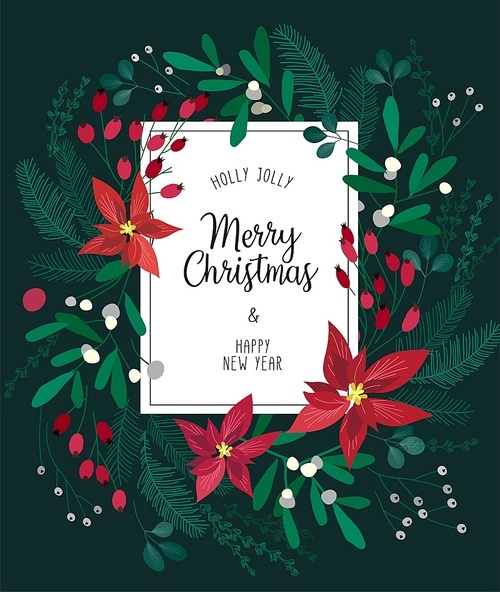 Merry Christmas and New Year greeting card with lettering wish. Frame or border with berries, poinsettia leaves, branches and cones of trees, hand drawn on black background. Floral vector illustration