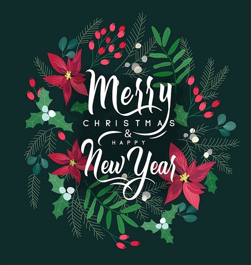 Merry Christmas and New Year greeting card with lettering wish. Frame or border with berries, poinsettia leaves, branches and cones of trees, hand drawn on black background. Floral vector illustration