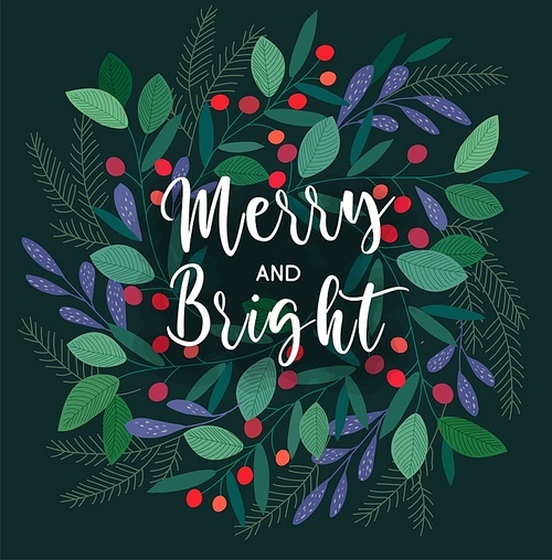 Merry Christmas and New Year greeting card with lettering wish. Frame or border with berries, poinsettia leaves, branches and cones of trees, hand drawn on black background. Floral vector illustration