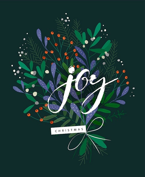 Merry Christmas and New Year greeting card with lettering wish. Frame or border with berries, poinsettia leaves, branches and cones of trees, hand drawn on black background. Floral vector illustration