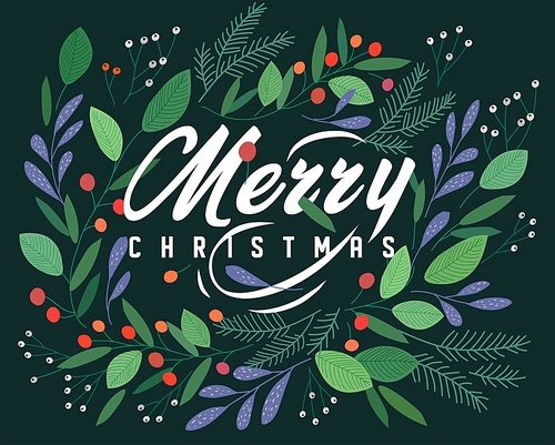 Merry Christmas and New Year greeting card with lettering wish. Frame or border with berries, poinsettia leaves, branches and cones of trees, hand drawn on black background. Floral vector illustration