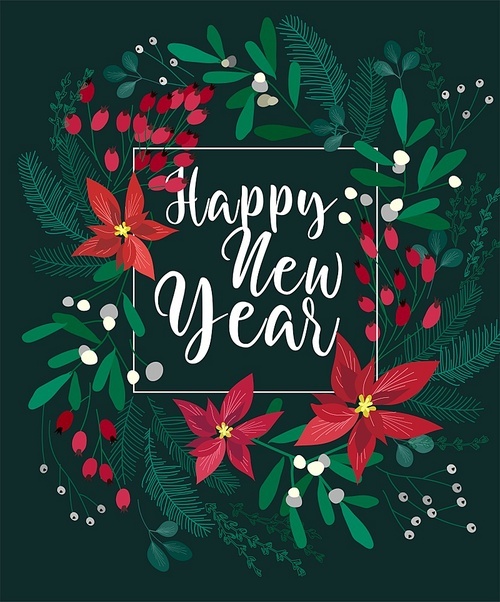 Merry Christmas and New Year greeting card with lettering wish. Frame or border with berries, poinsettia leaves, branches and cones of trees, hand drawn on black background. Floral vector illustration