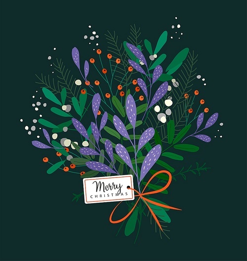 Merry Christmas and New Year greeting card with lettering wish. Frame or border with berries, poinsettia leaves, branches and cones of trees, hand drawn on black background. Floral vector illustration