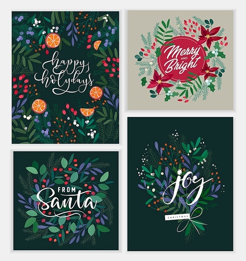 Merry Christmas and New Year greeting card with lettering wish. Frame or border with berries, poinsettia leaves, branches and cones of trees, hand drawn on black background. Floral vector illustration