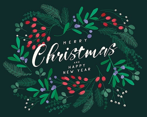 Merry Christmas and New Year greeting card with lettering wish. Frame or border with berries, poinsettia leaves, branches and cones of trees, hand drawn on black background. Floral vector illustration