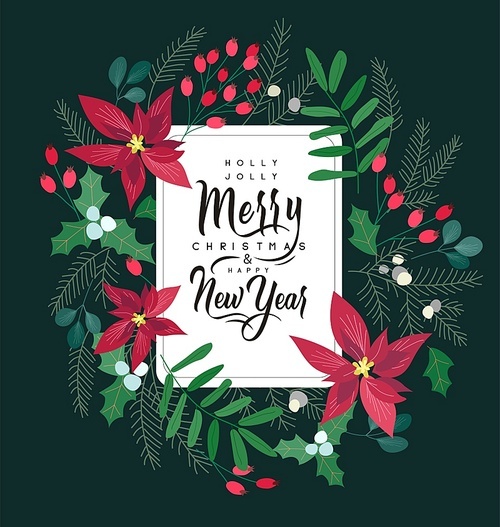 Merry Christmas and New Year greeting card with lettering wish. Frame or border with berries, poinsettia leaves, branches and cones of trees, hand drawn on black background. Floral vector illustration