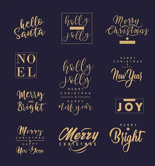 Merry Christmas and happy New Year set with lettering typographic compositions for the poster and greeting card. Calligraphy for winter holiday. Vector illustration