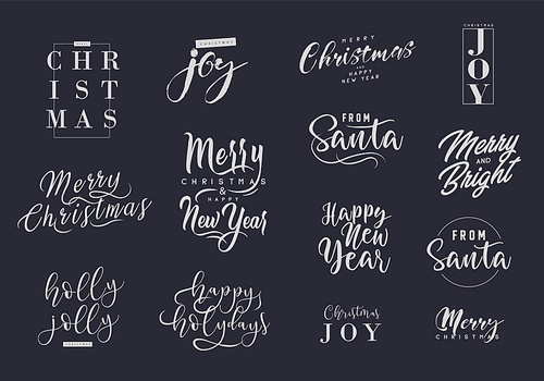 Merry Christmas and happy New Year set with lettering typographic compositions for the poster and greeting card. Calligraphy for winter holiday. Vector illustration