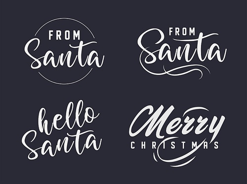 Merry Christmas and happy New Year set with lettering typographic compositions for the poster and greeting card. Calligraphy for winter holiday. Vector illustration
