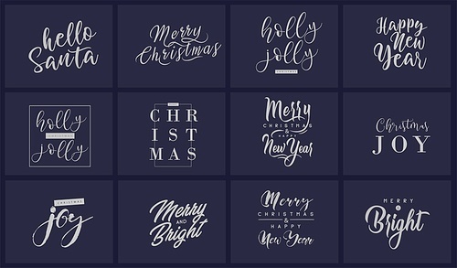 Merry Christmas and happy New Year set with lettering typographic compositions for the poster and greeting card. Calligraphy for winter holiday. Vector illustration