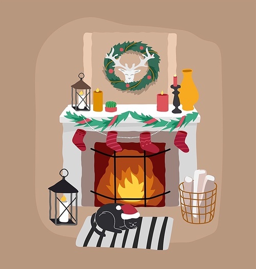 Christmas home decorations with pets. Scandinavian interior with cute cat and dog dressed in Christmas costumes. Cozy Winter holiday season. Illustration and New year typography in Hygge style
