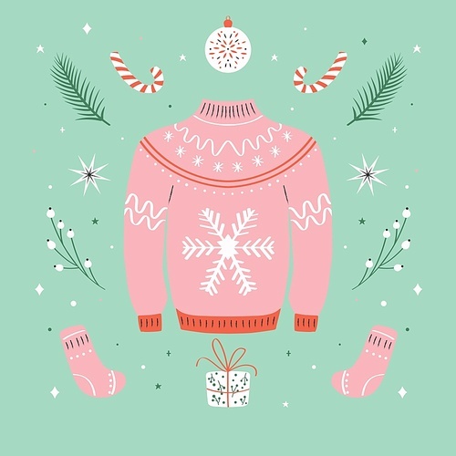 Christmas ugly sweater pattern. Woolen winter clothes and traditional festive elements and decoration. Flat vector colorful illustration.