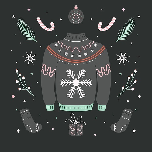 Christmas ugly sweater pattern. Woolen winter clothes and traditional festive elements and decoration. Flat vector colorful illustration.