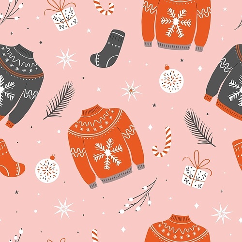 Christmas seamless pattern with ugly sweater. Woolen winter clothes and traditional festive elements and decoration. Flat vector colorful illustration.