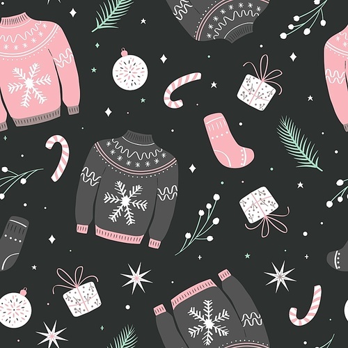 Christmas seamless pattern with ugly sweater. Woolen winter clothes and traditional festive elements and decoration. Flat vector colorful illustration.