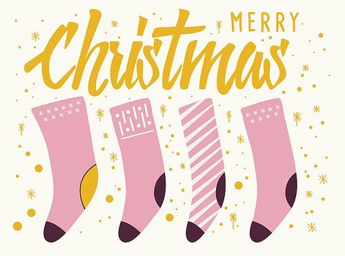 Merry Christmas text lettering card design with stockings and decoration. Colorful flat vector illustration