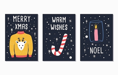 Merry Christmas and Happy new year text lettering card designs with stockings, sweater, bear and decoration. Collection of three colorful flat vector illustrations.