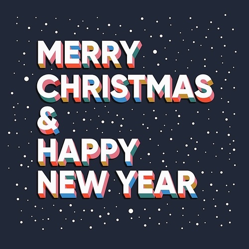 Merry Christmas and Happy New Year text lettering card design, with decoration. Colorful flat vector illustration.