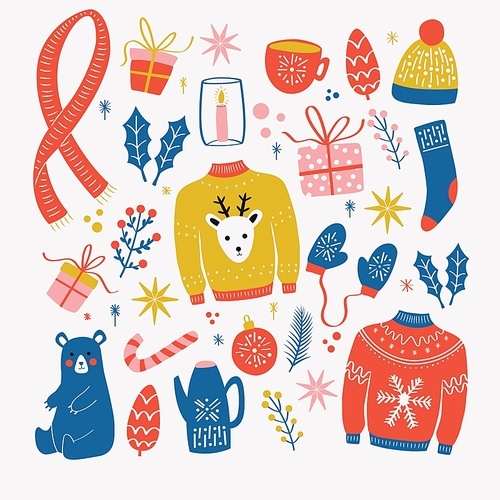 Collection of new year and christmas elements. Traditional winter holiday decoration, clothes, gifts and animals, isolated. Colorful vector illustration