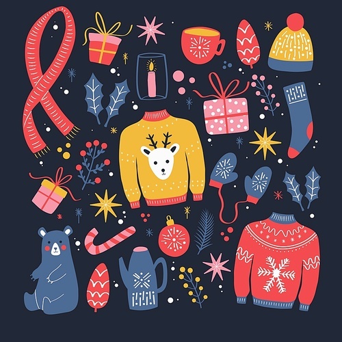 Collection of new year and christmas elements. Traditional winter holiday decoration, clothes, gifts and animals, isolated. Colorful vector illustration