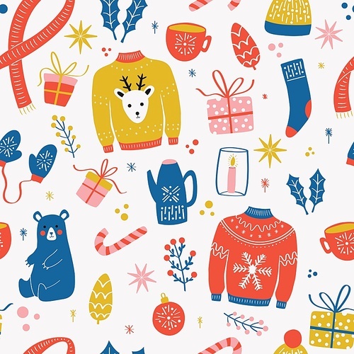 Seamless pattern with New Year and Christmas elements. Traditional winter holiday decoration, clothes, gifts and animals, isolated. Colorful vector illustration