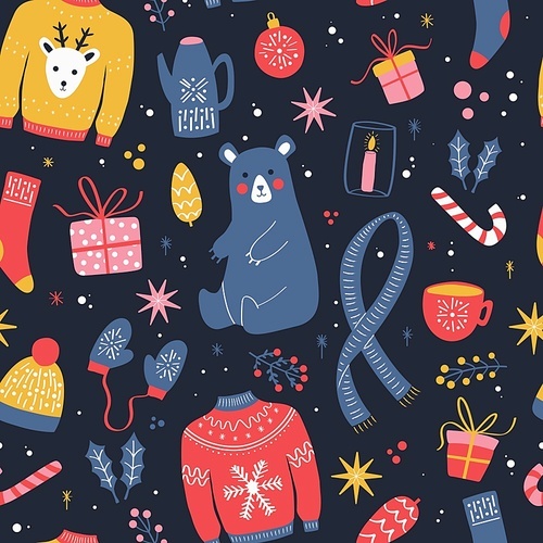 Seamless pattern with New Year and Christmas elements. Traditional winter holiday decoration, clothes, gifts and animals, isolated. Colorful vector illustration