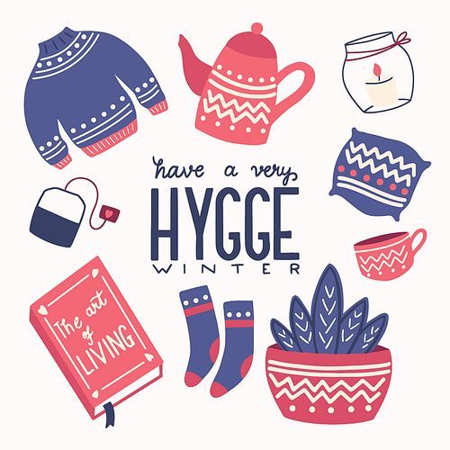 Hygge concept with colorful hand lettering and illustration design. Scandinavian folk motives. Cozy atmosphere at home. Flat vector illustration.