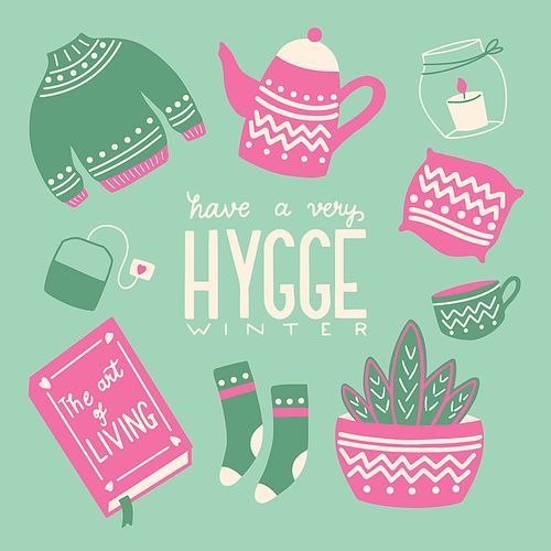 Hygge concept with colorful hand lettering and illustration design. Scandinavian folk motives. Cozy atmosphere at home. Flat vector illustration.