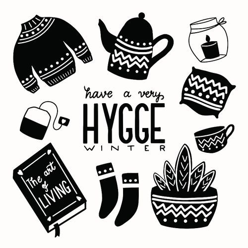 Hygge concept with black and white hand lettering and illustration design. Scandinavian folk motives. Cozy atmosphere at home. Flat vector illustration.