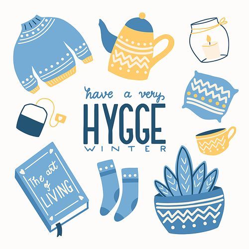 Hygge concept with colorful hand lettering and illustration design. Scandinavian folk motives. Cozy atmosphere at home. Flat vector illustration.