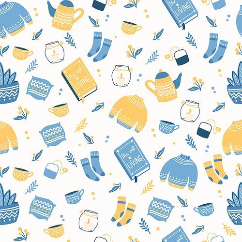 Seamless pattern with hygge concept items. Colorful illustration design. Scandinavian folk motives. Cozy atmosphere at home. Flat vector illustration.