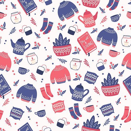 Seamless pattern with hygge concept items. Colorful illustration design. Scandinavian folk motives. Cozy atmosphere at home. Flat vector illustration.