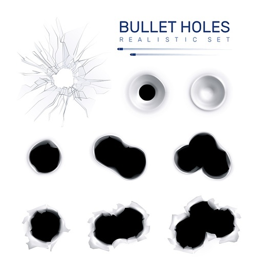 Bullet holes realistic set with text and isolated images of gun shot spots of different shape vector illustration