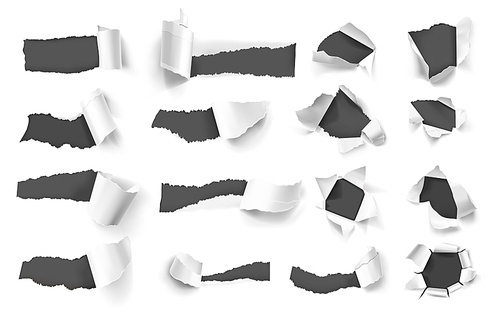 Realistic set with white torn paper holes on dark  isolated vector illustration