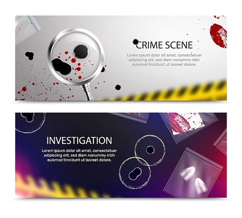 Criminalistic detective horizontal banners set with realistic closeup blood spots and bullet holes and editable text vector illustration