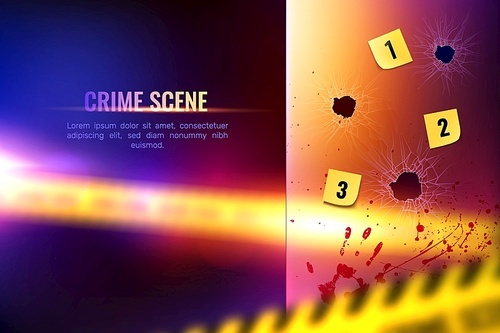 Criminalistic detective composition of realistic bloody spots and numbered bullet holes on blurry background with text vector illustration