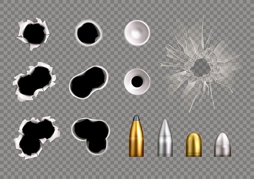 Bullet holes realistic set of isolated bullet plug icons and broken glass spot on transparent background vector illustration