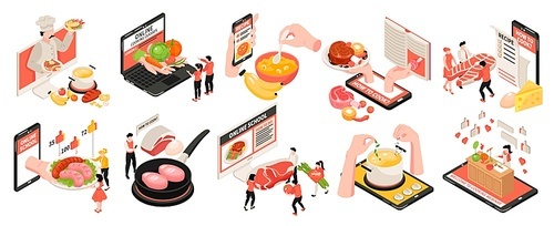 Isometric cooking school blog set of isolated gadget icons and food images with people and dishes vector illustration
