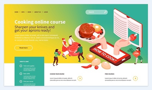 Skill building online cooking school isometric web landing page design with appetizing dish ingredients recipe vector illustration