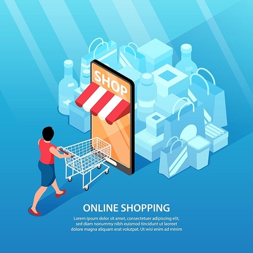 Isometric online shopping background square composition with text and images of goods with smartphone as door vector illustration