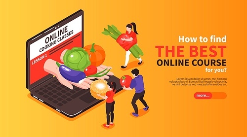 Choosing cooking school masterclass lessons online isometric horizontal web banner with fresh ingredients on laptop vector illustration