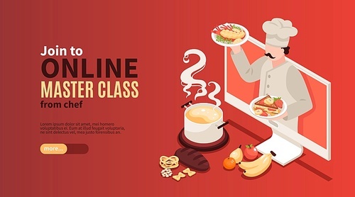 Isometric cooking school blog horizontal banner with character of cook on computer screen with editable text vector illustration