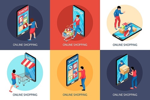 Isometric online shopping design concept with square compositions of smartphones shop fronts and carts with people vector illustration