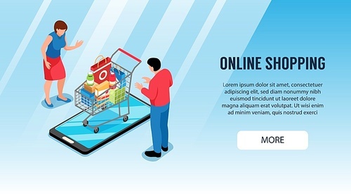 Isometric online shopping horizontal banner with people and shop cart on top of smartphone with text vector illustration