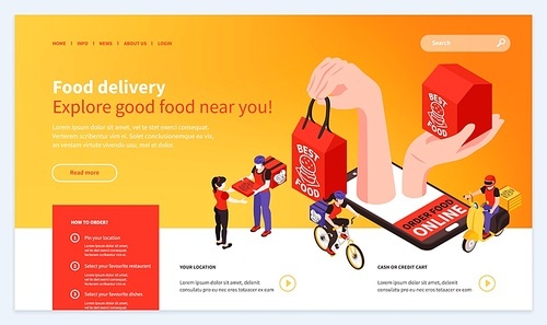 Order fresh food online free delivery service isometric website design with hands holding meals boxes vector illustration