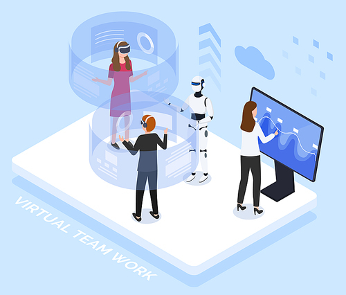 People testing innovative technologies. Man and woman interacting with help of cyberspace, talking to robot. Supervisor monitoring brain activities of humans. Lab experiment vector in isometric style