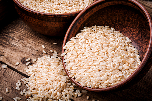 Raw grain white rice in a ceramic bowl.Healthy food.